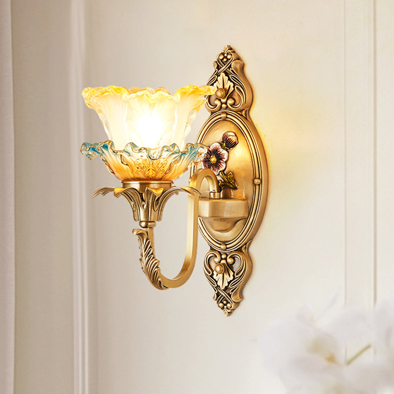 Traditional Brass Frosted Glass Wall Mount Lighting Fixture With Ruffle Detail 1 /