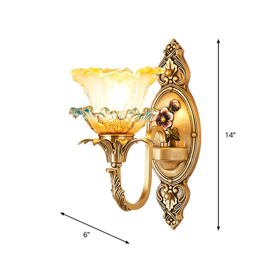 Traditional Brass Frosted Glass Wall Mount Lighting Fixture With Ruffle Detail