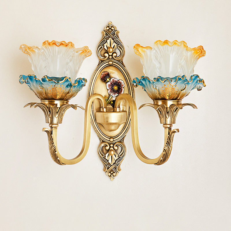 Traditional Brass Frosted Glass Wall Mount Lighting Fixture With Ruffle Detail