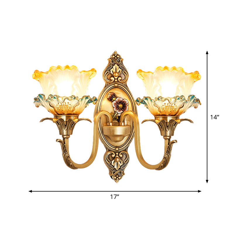 Traditional Brass Frosted Glass Wall Mount Lighting Fixture With Ruffle Detail