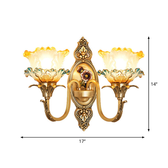 Traditional Brass Frosted Glass Wall Mount Lighting Fixture With Ruffle Detail