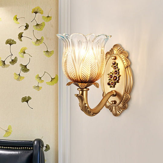 Vintage Gold Petals Carved Glass Sconce - Bedroom Wall Mounted Lamp For A Half-Bulb Lighting