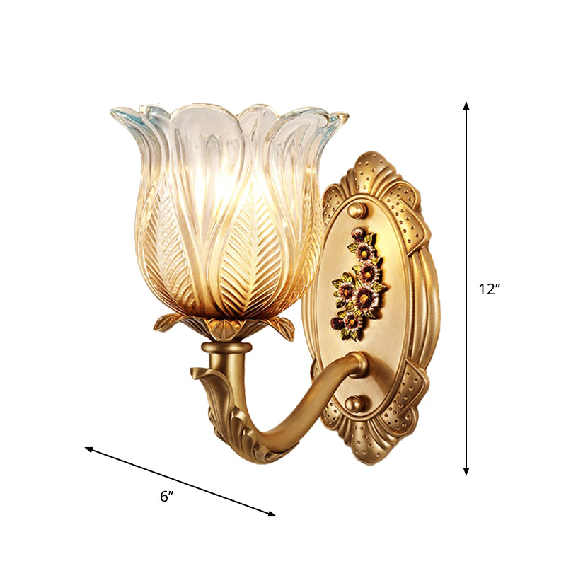 Vintage Gold Petals Carved Glass Sconce - Bedroom Wall Mounted Lamp For A Half-Bulb Lighting