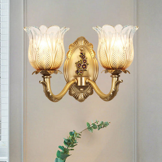 Vintage Gold Petals Carved Glass Sconce - Bedroom Wall Mounted Lamp For A Half-Bulb Lighting