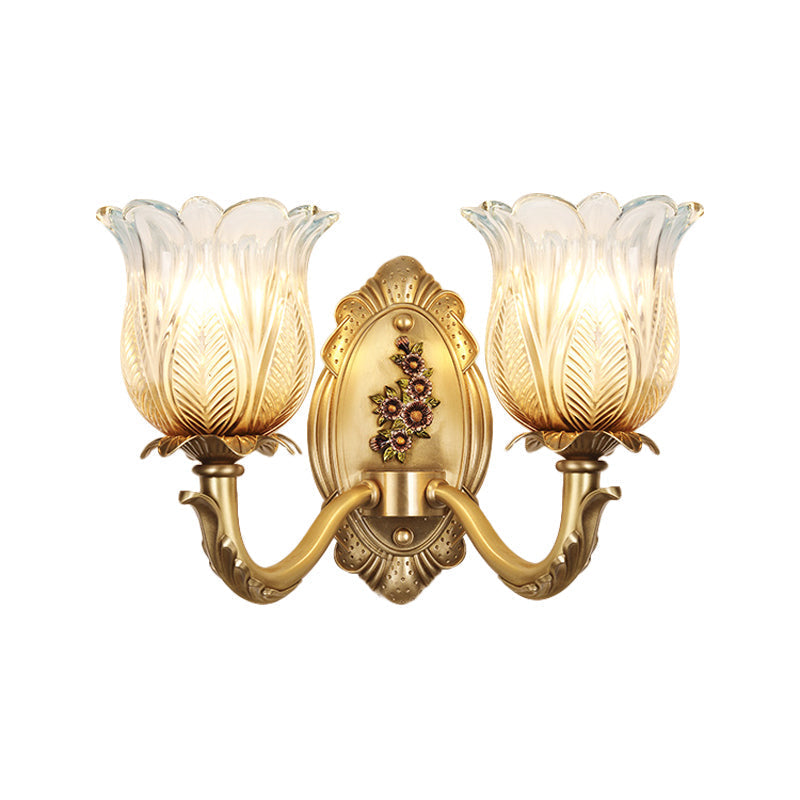 Vintage Gold Petals Carved Glass Sconce - Bedroom Wall Mounted Lamp For A Half-Bulb Lighting