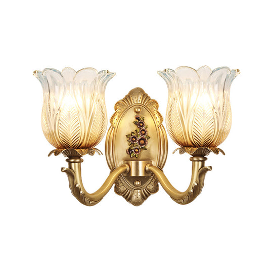 Vintage Gold Petals Carved Glass Sconce - Bedroom Wall Mounted Lamp For A Half-Bulb Lighting