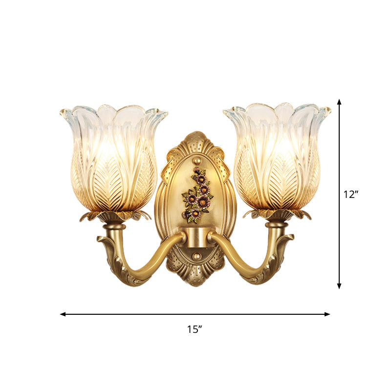Vintage Gold Petals Carved Glass Sconce - Bedroom Wall Mounted Lamp For A Half-Bulb Lighting