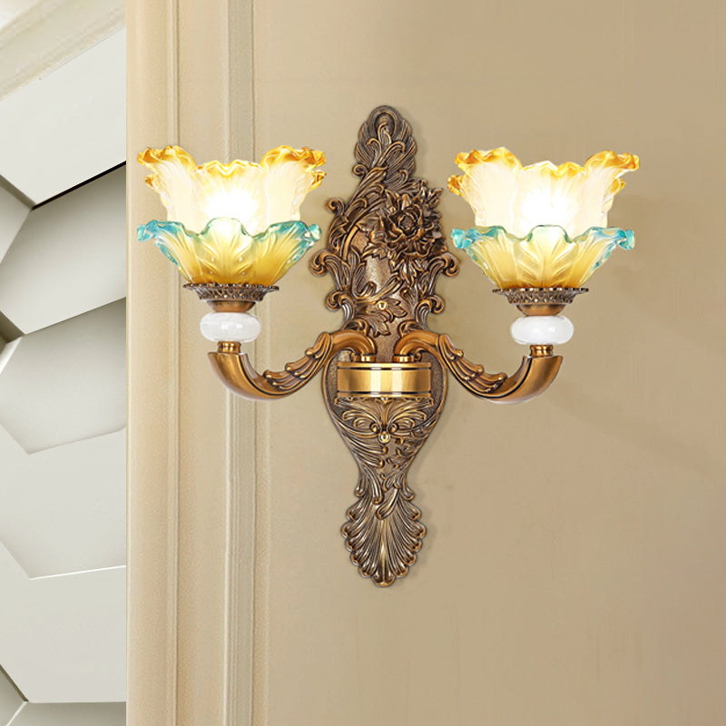Traditional Brass Wall Sconce With Yellow And Blue Glass Accents Lettuce-Edge Mount Lamp 1/2-Head 2