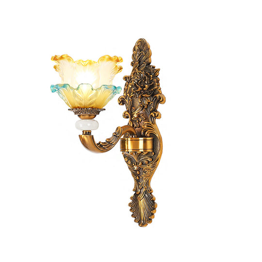 Traditional Brass Wall Sconce With Yellow And Blue Glass Accents Lettuce-Edge Mount Lamp 1/2-Head