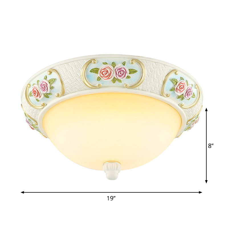 Rustic Opal Glass Dome Ceiling Flush Light White 15/19 W 3-Bulb Flushmount For Dining Room With Rose