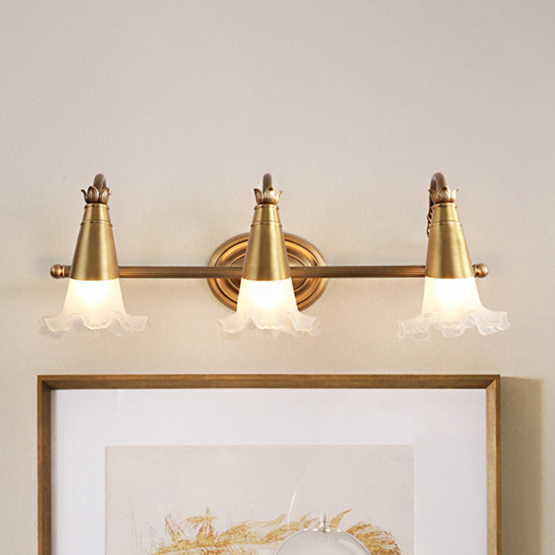 Traditional Gold Cone Vanity Lighting - White Glass 1/2/3-Head Bathroom Wall Lamp With Lettuce Trim