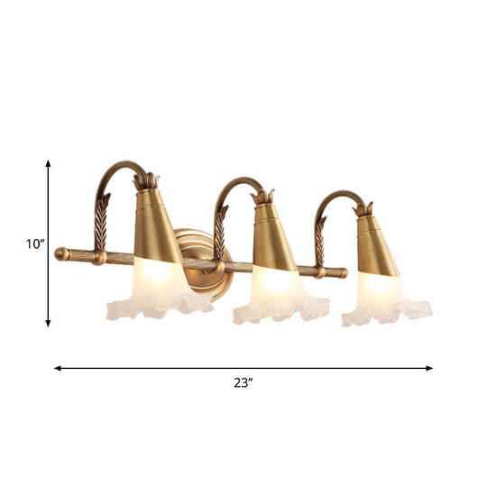 Traditional Gold Cone Vanity Lighting - White Glass 1/2/3-Head Bathroom Wall Lamp With Lettuce Trim