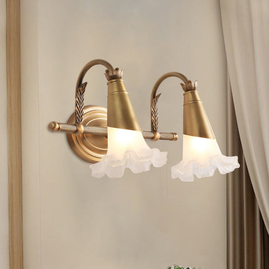 Traditional Gold Cone Vanity Lighting - White Glass 1/2/3-Head Bathroom Wall Lamp With Lettuce Trim