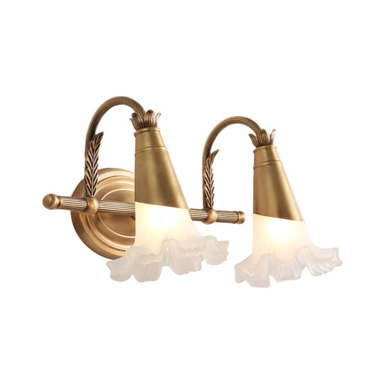 Traditional Gold Cone Vanity Lighting - White Glass 1/2/3-Head Bathroom Wall Lamp With Lettuce Trim
