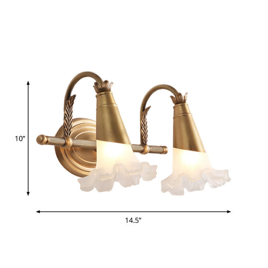 Traditional Gold Cone Vanity Lighting - White Glass 1/2/3-Head Bathroom Wall Lamp With Lettuce Trim