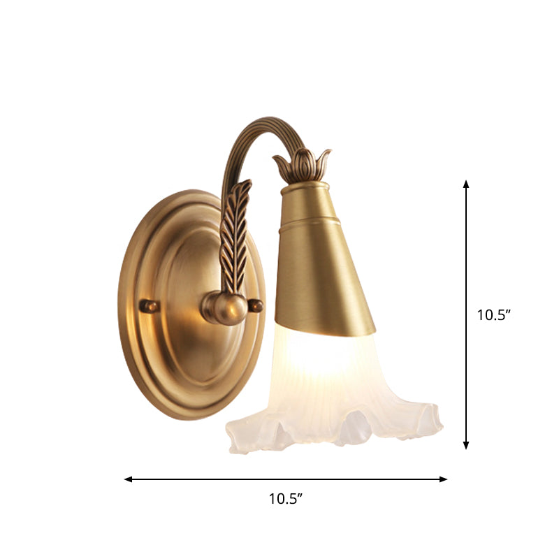 Traditional Gold Cone Vanity Lighting - White Glass 1/2/3-Head Bathroom Wall Lamp With Lettuce Trim