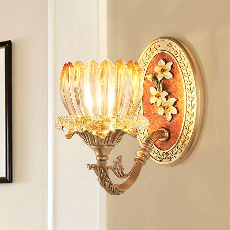Lotus Ribbed Glass Wall Light Kit - Antique 1/2-Light Living Room Sconce In Gold 1 /