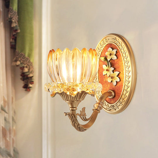 Lotus Ribbed Glass Wall Light Kit - Antique 1/2-Light Living Room Sconce In Gold