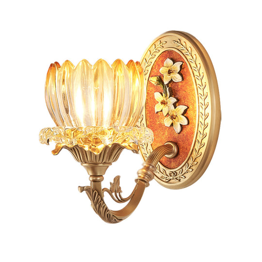 Lotus Ribbed Glass Wall Light Kit - Antique 1/2-Light Living Room Sconce In Gold