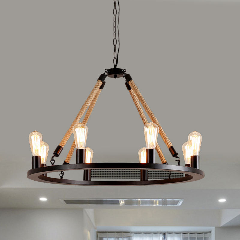 Vintage 6/8-Light Metallic Circular Hanging Lamp In Brown With Exposed Bulb & Rope Suspension For