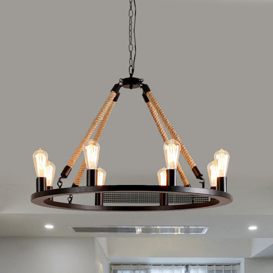 Vintage 6/8-Light Metallic Circular Hanging Lamp In Brown With Exposed Bulb & Rope Suspension For