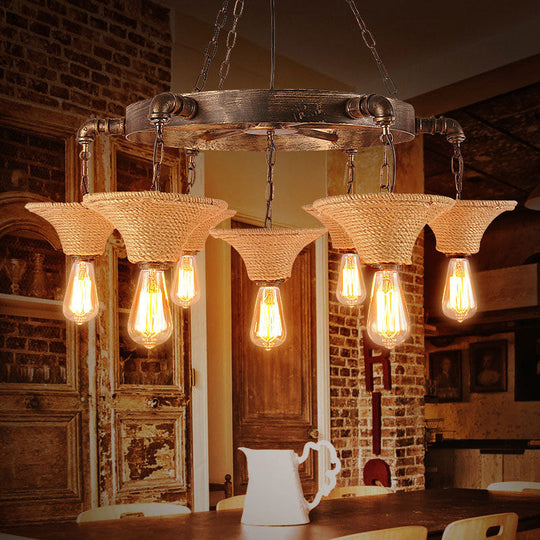 Retro Industrial Pendant Ceiling Fixture With Open Bulb Rope And Chain - Brown