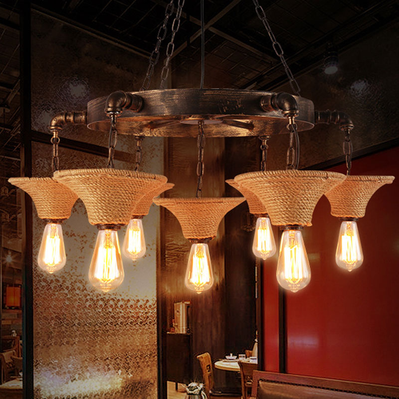 Retro Industrial Pendant Ceiling Fixture With Open Bulb Rope And Chain - Brown