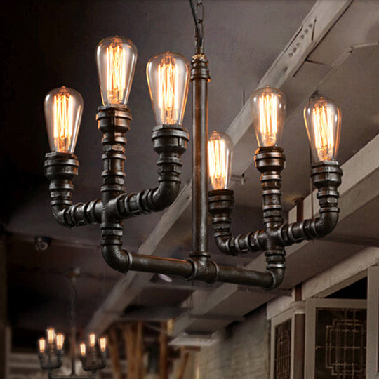 Vintage Industrial Metal Rust Chandelier Pendant Light - 6-Head Open Bulb Design With Hanging Pipe