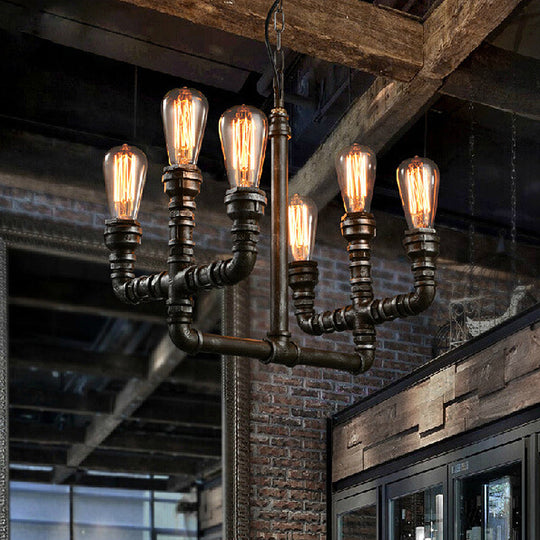 Vintage Industrial Metal Rust Chandelier Pendant Light - 6-Head Open Bulb Design With Hanging Pipe