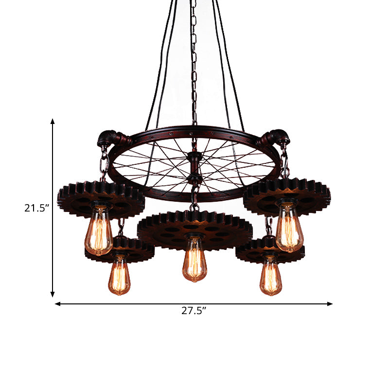 Farmhouse Style Rustic Chandelier Light With Exposed Bulbs - Gear Deco 3/5/7 Heads Ideal For Bars