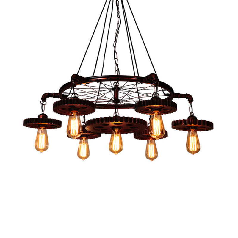 Farmhouse Style Rustic Chandelier Light With Exposed Bulbs - Gear Deco 3/5/7 Heads Ideal For Bars