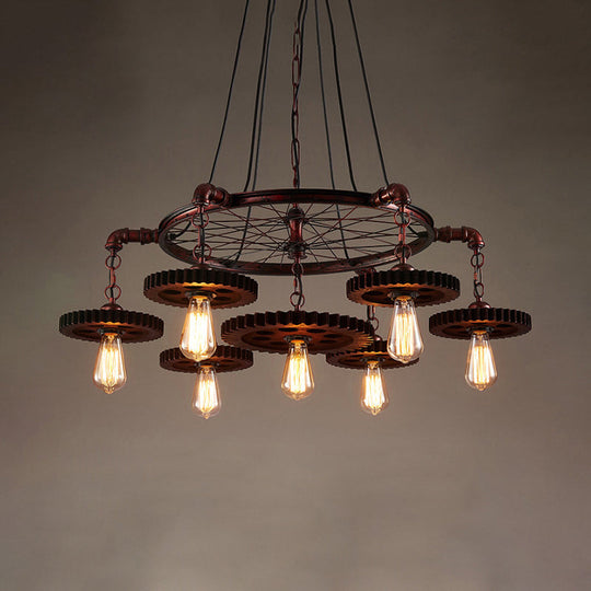 Farmhouse Style Rustic Chandelier Light With Exposed Bulbs - Gear Deco 3/5/7 Heads Ideal For Bars