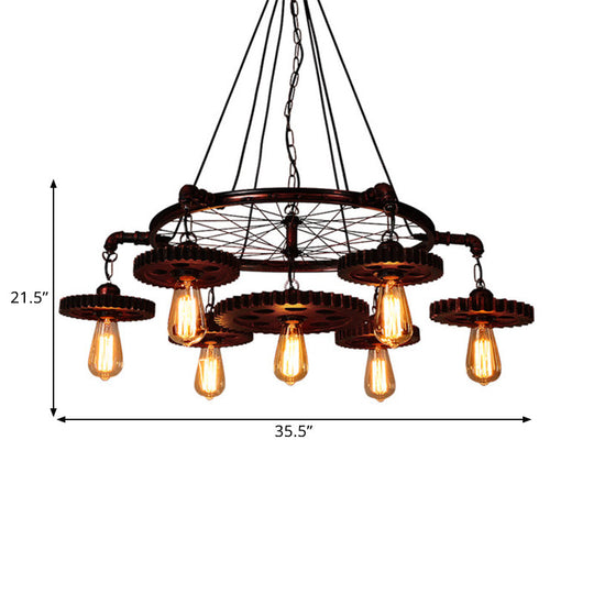 Farmhouse Style Rustic Chandelier Light With Exposed Bulbs - Gear Deco 3/5/7 Heads Ideal For Bars