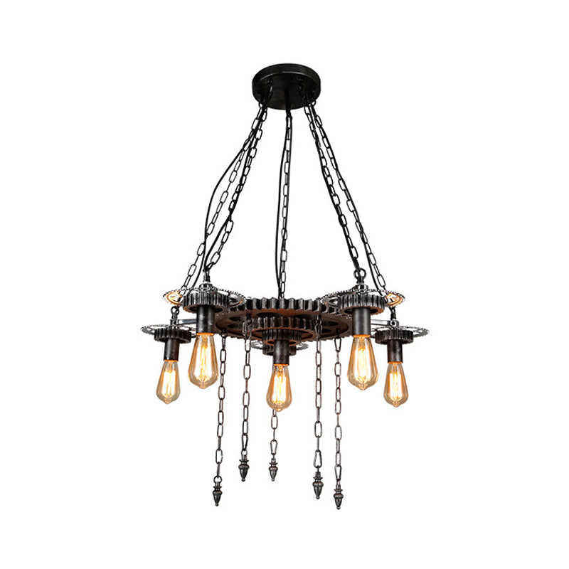 Vintage Industrial Metal Ceiling Lamp With 6 Aged Silver Gear Design Heads