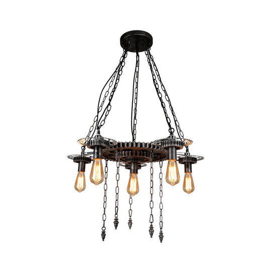 Vintage Industrial Metal Ceiling Lamp With 6 Aged Silver Gear Design Heads