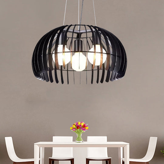Retro Style Dome Hanging Light With Wire Guard - 3 Bulbs Black Metal Suspension For Dining Room
