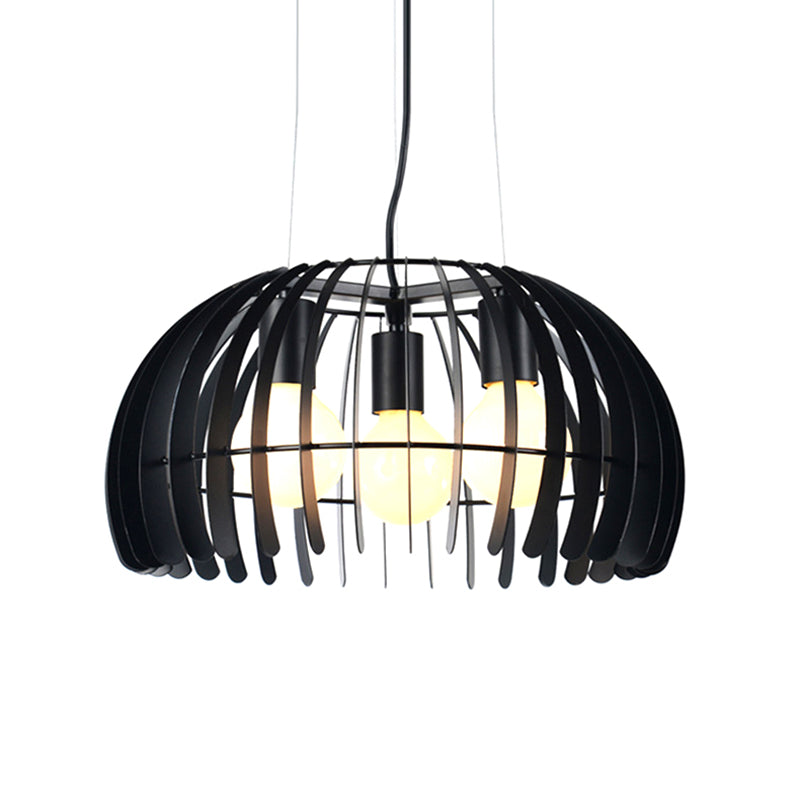 Retro Style Dome Hanging Light With Wire Guard - 3 Bulbs Black Metal Suspension For Dining Room