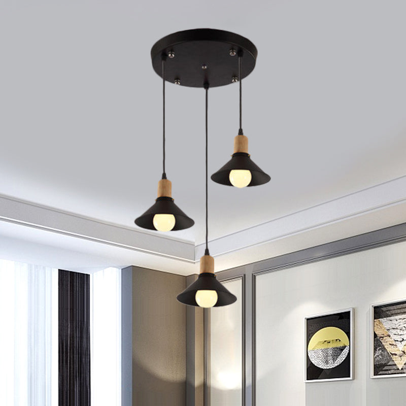 Stylish Retro Conic Pendant Lamp - 3 Light Metallic Hanging Fixture In Black For Dining Room