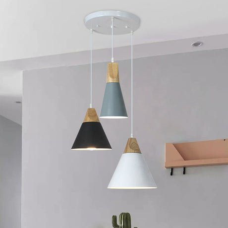Nordic Style Pendant Lighting With 3 Multi-Colored Bulbs Metal And Wood Finish Tapered Design Black