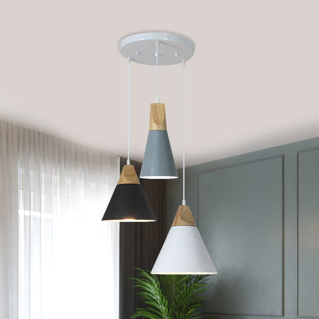 Nordic Style Pendant Lighting With 3 Multi-Colored Bulbs Metal And Wood Finish Tapered Design