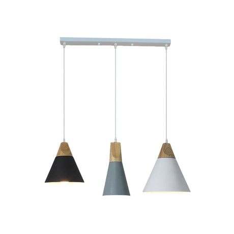 Nordic Style Pendant Lighting With 3 Multi-Colored Bulbs Metal And Wood Finish Tapered Design