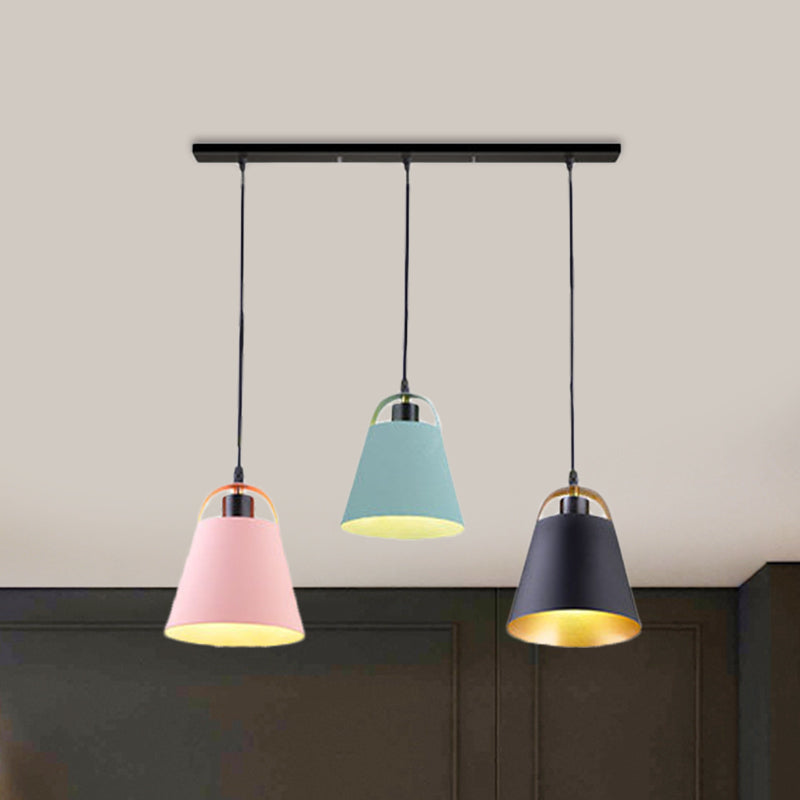 Contemporary Metallic Pendant Light With 3 Bulbs For Living Room Gray/Blue Bucket Style Blue