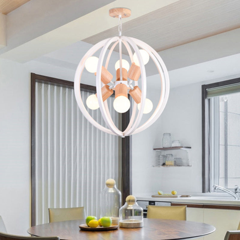 Spherical Antique Style Wrought Iron Ceiling Lamp With 6 Lights - Black/White Chandelier For Dining