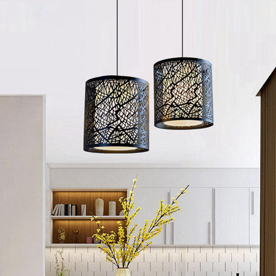 Modern Iron Drum Pendant Light With Etched Design - Black Shade