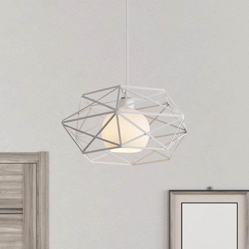 Geometric Metal Cage Pendant Light For Industrial Dining Rooms - Black/White