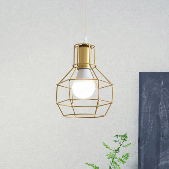 Gold Wire Cage Pendant Light - Retro Industrial Iron Hanging Lamp For Coffee Shop / A