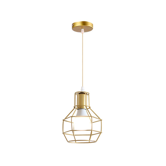 Gold Wire Cage Pendant Light - Retro Industrial Iron Hanging Lamp For Coffee Shop