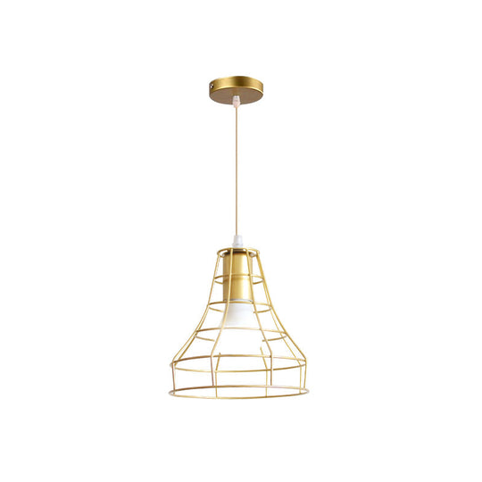 Gold Wire Cage Pendant Light - Retro Industrial Iron Hanging Lamp For Coffee Shop