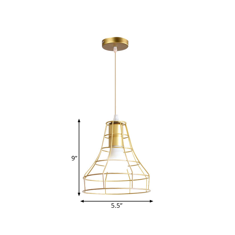 Gold Wire Cage Pendant Light - Retro Industrial Iron Hanging Lamp For Coffee Shop