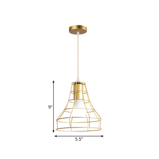 Gold Wire Cage Pendant Light - Retro Industrial Iron Hanging Lamp For Coffee Shop